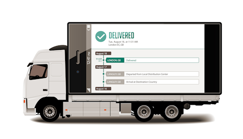 Delivered tracking notification on the back of a pick up and delivery truck