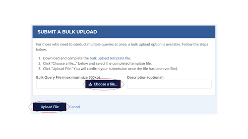 Submit a Bulk Upload webpage with choose a file and upload file circled